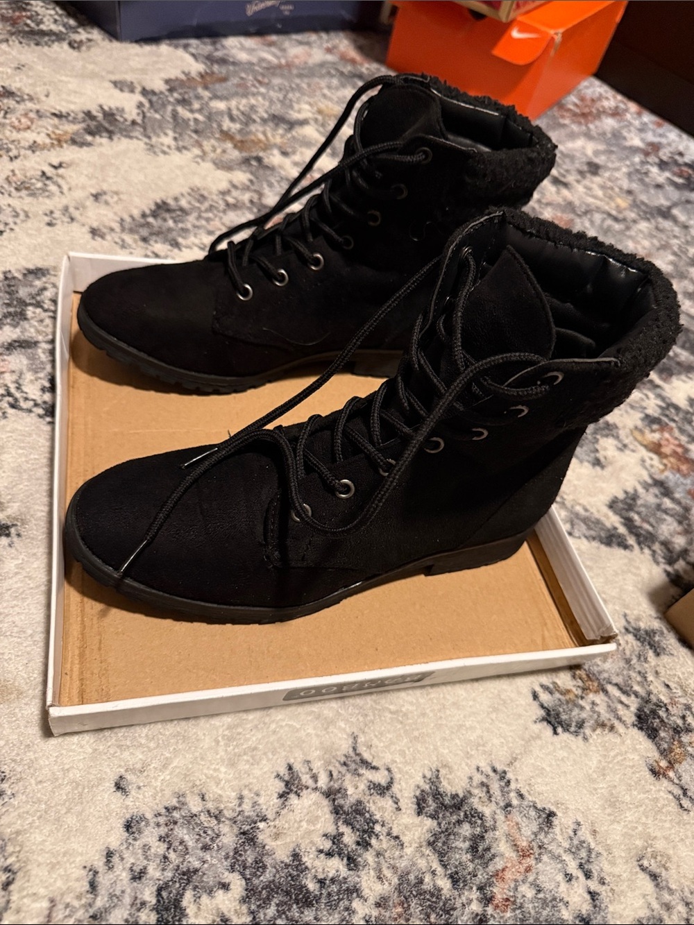 BAMBOO Black Lace-Up Ankle Boots with Faux Fur Collar